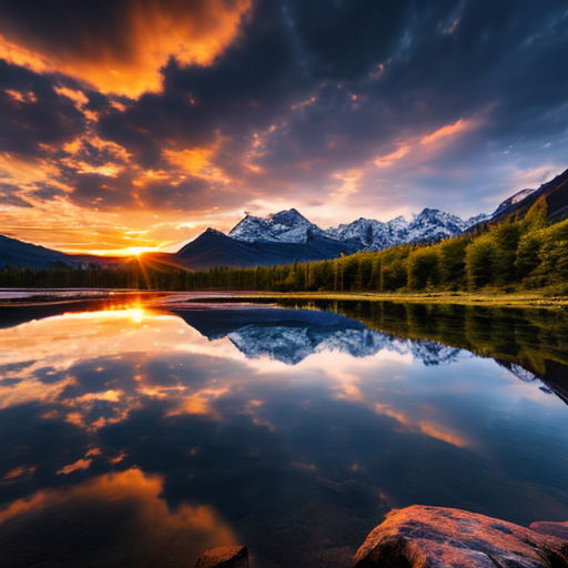 Dramatic landscape at sunset, mountains reflecting in still lake waters